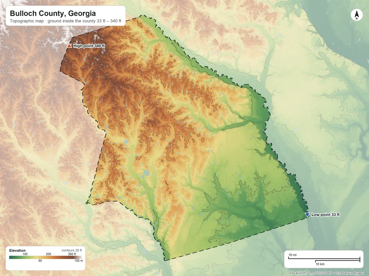 Topographic elevation map of Bulloch County, Georgia, shaded from 33 ft on the southeast side to 340 ft on the northwest side