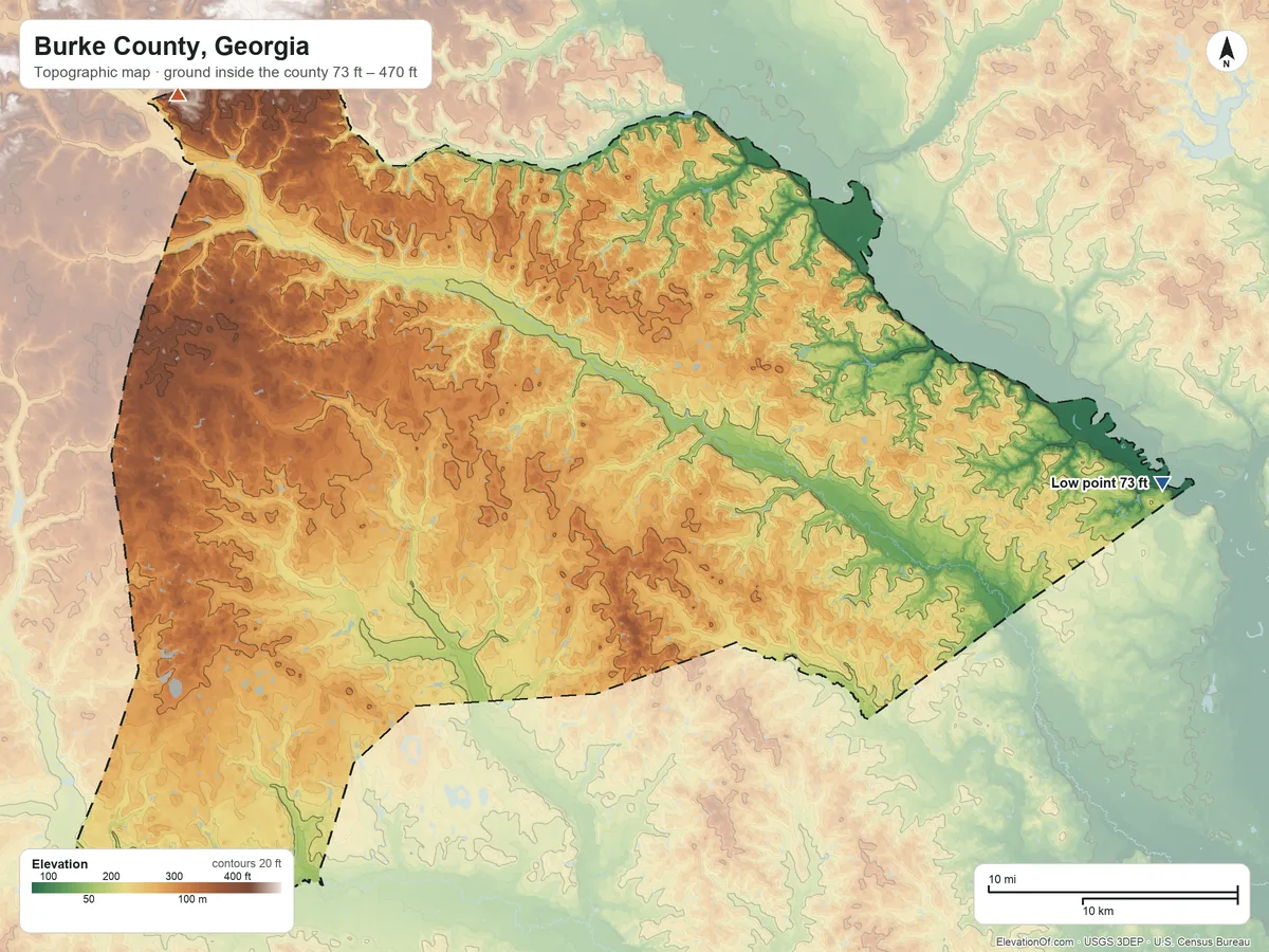 Topographic elevation map of Burke County, Georgia, shaded from 73 ft on the east side to 470 ft on the northwest side