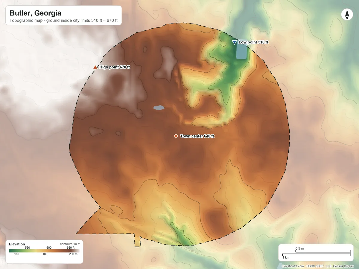 Topographic elevation map of Butler, Georgia, shaded from 510 ft on the northeast side to 670 ft on the northwest side