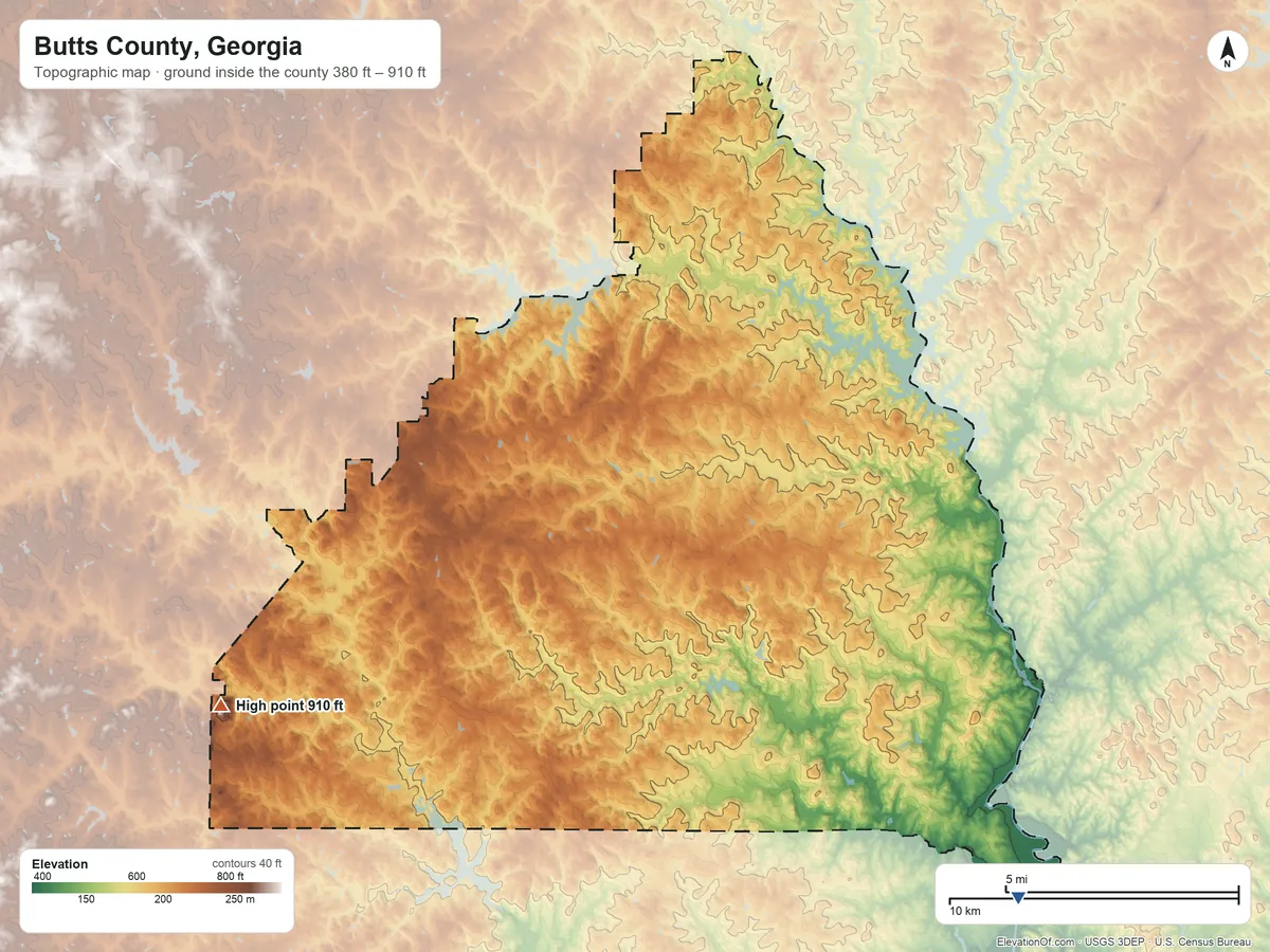 Topographic elevation map of Butts County, Georgia, shaded from 380 ft on the southeast side to 910 ft on the southwest side