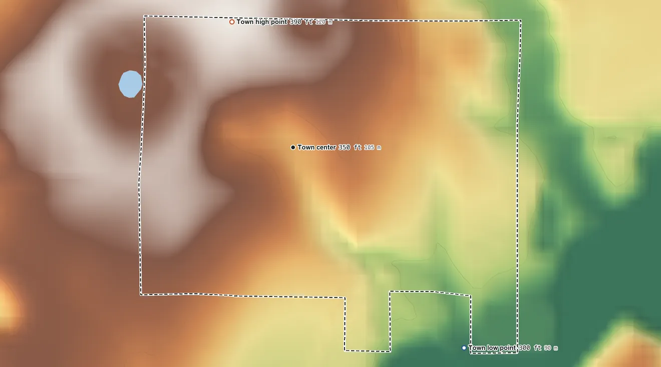 Topographic elevation map of Byromville, Georgia, shaded from 300 ft on the southeast side to 390 ft on the northwest side
