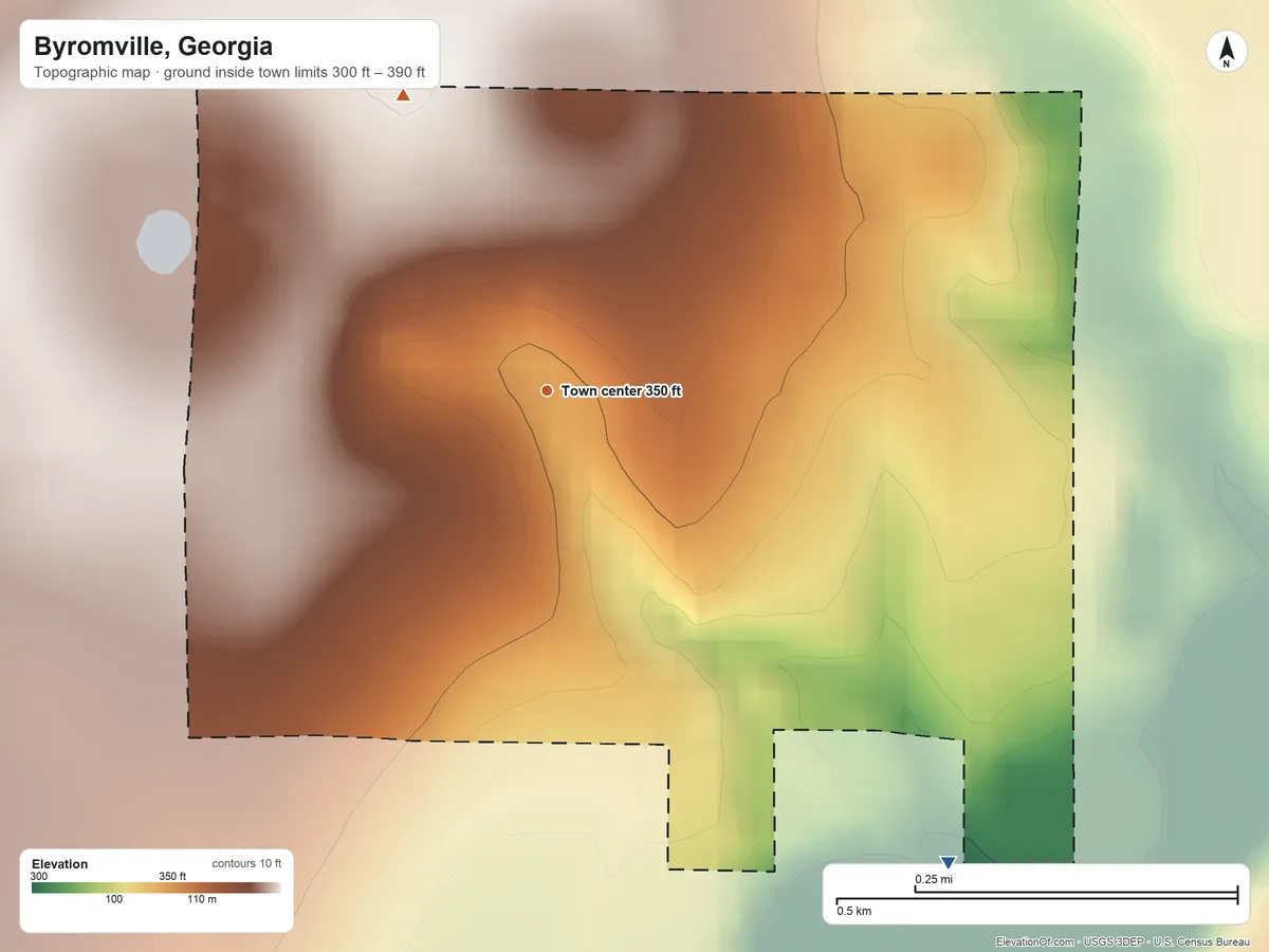 Topographic elevation map of Byromville, Georgia, shaded from 300 ft on the southeast side to 390 ft on the northwest side