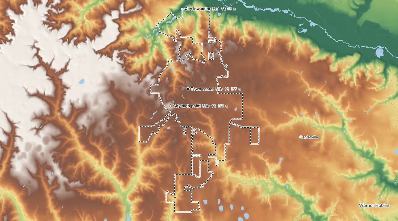 Topographic elevation map of Byron, Georgia, shaded from 310 ft on the north side to 530 ft on the southwest side