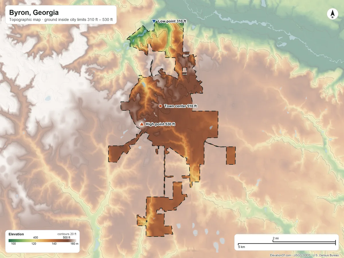 Topographic elevation map of Byron, Georgia, shaded from 310 ft on the north side to 530 ft on the southwest side