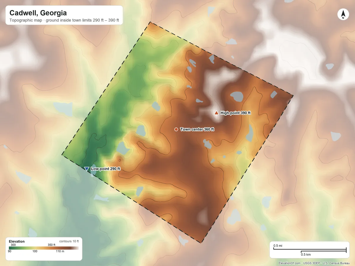 Topographic elevation map of Cadwell, Georgia, shaded from 290 ft on the southwest side to 390 ft on the east side