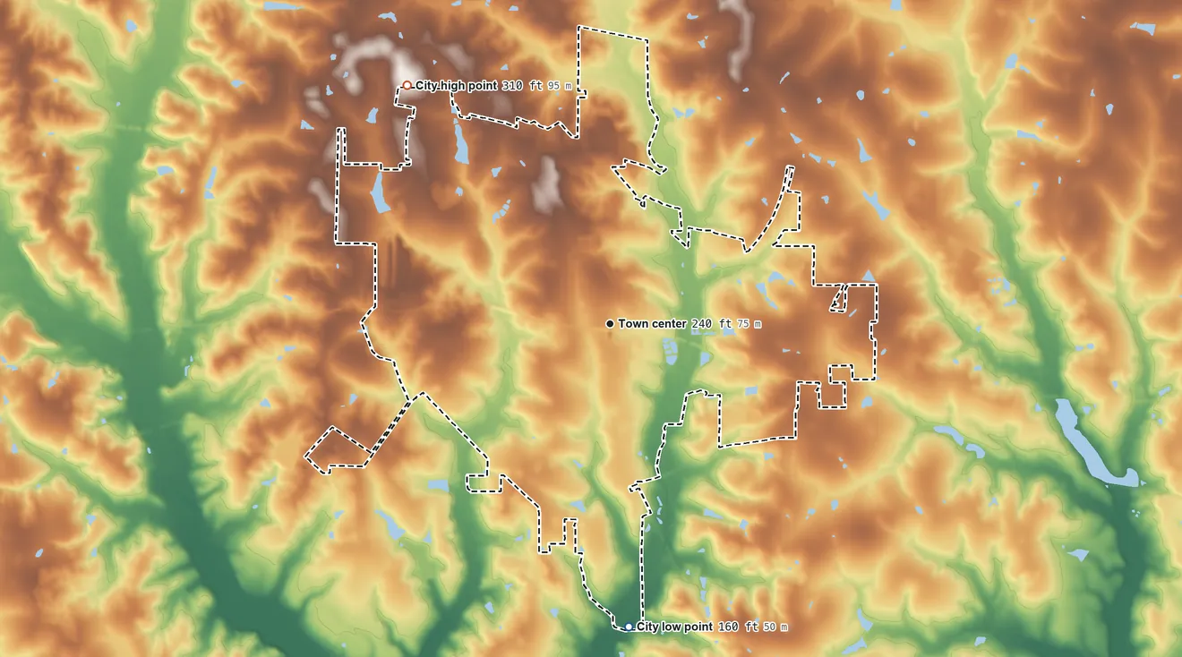 Topographic elevation map of Cairo, Georgia, shaded from 160 ft on the south side to 310 ft on the northwest side