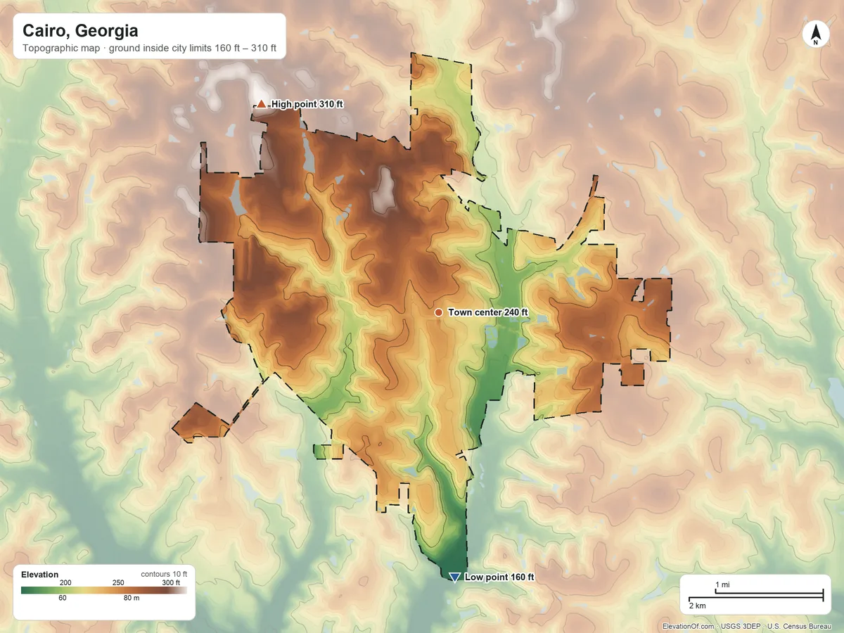 Topographic elevation map of Cairo, Georgia, shaded from 160 ft on the south side to 310 ft on the northwest side