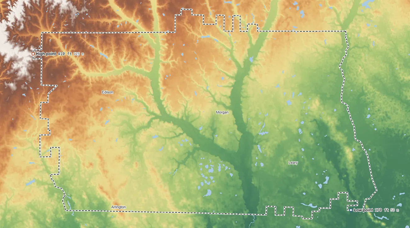Topographic elevation map of Calhoun County, Georgia, shaded from 170 ft on the southeast side to 410 ft on the west side