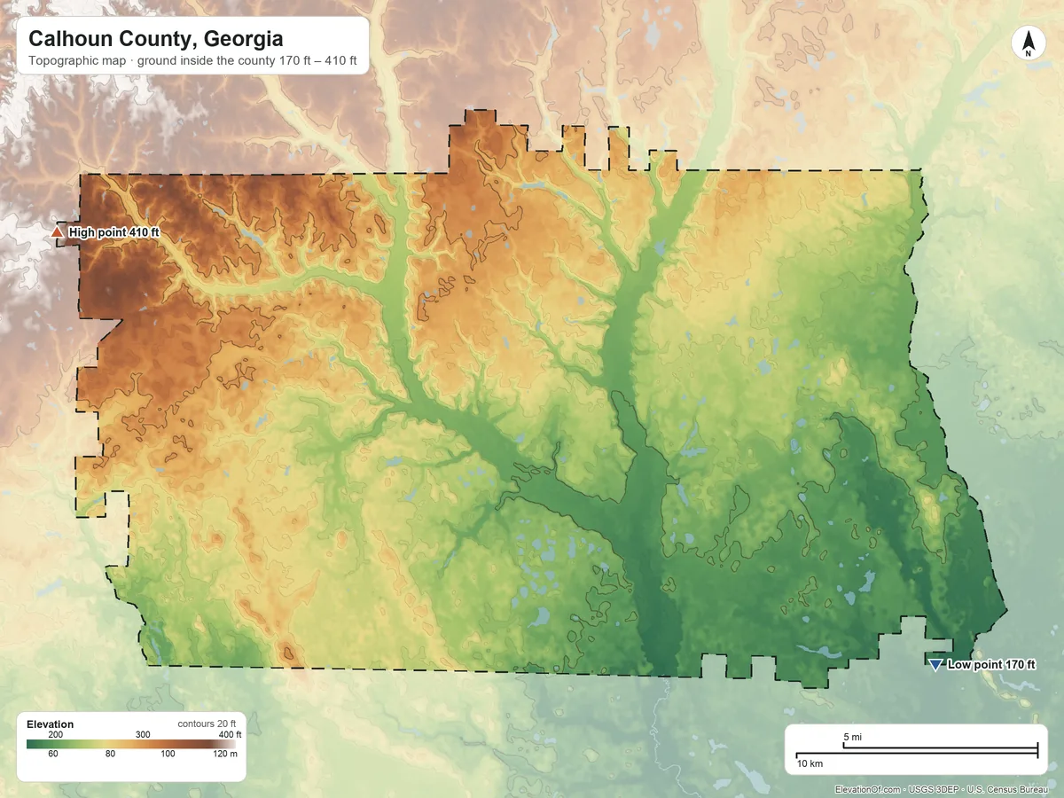 Topographic elevation map of Calhoun County, Georgia, shaded from 170 ft on the southeast side to 410 ft on the west side