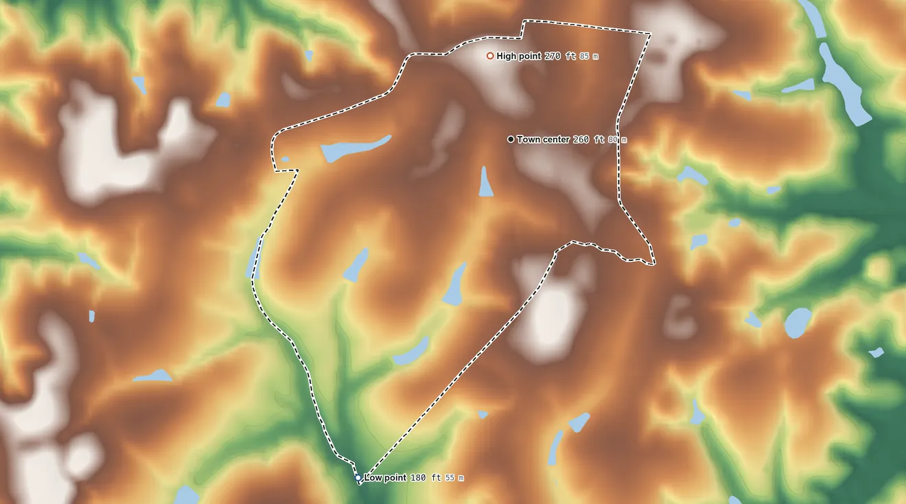 Topographic elevation map of Calvary, Georgia, shaded from 180 ft on the southwest side to 270 ft on the north side