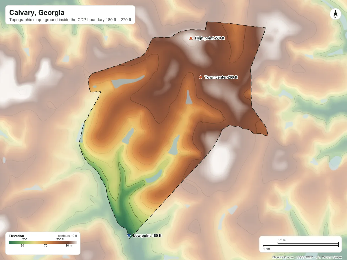 Topographic elevation map of Calvary, Georgia, shaded from 180 ft on the southwest side to 270 ft on the north side