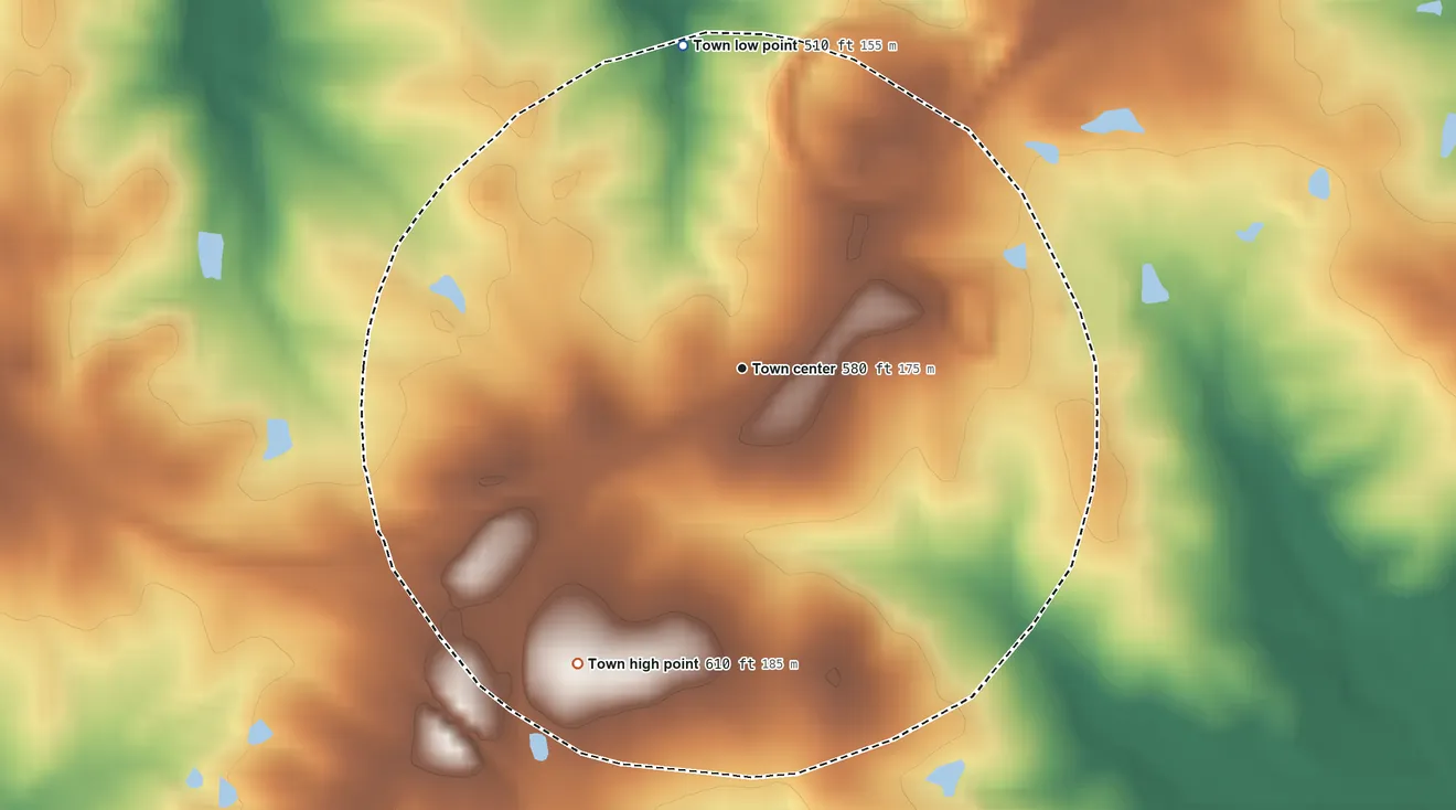 Topographic elevation map of Camak, Georgia, shaded from 510 ft on the north side to 610 ft on the southwest side
