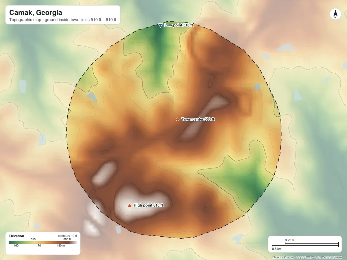 Topographic elevation map of Camak, Georgia, shaded from 510 ft on the north side to 610 ft on the southwest side