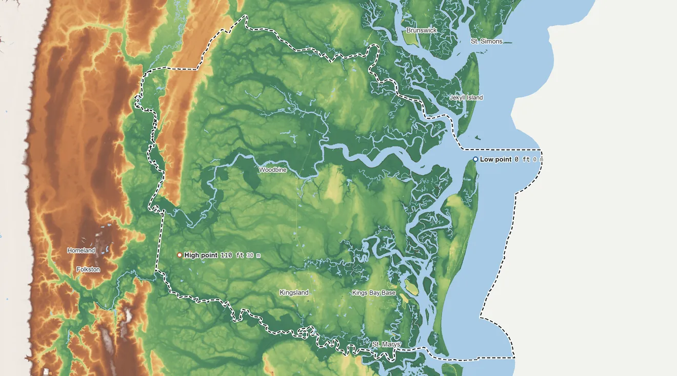 Topographic elevation map of Camden County, Georgia, shaded from sea level on the Atlantic Ocean to 110 ft on the southwest side