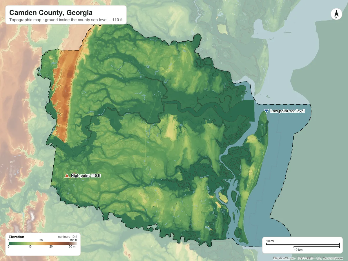 Topographic elevation map of Camden County, Georgia, shaded from sea level on the Atlantic Ocean to 110 ft on the southwest side