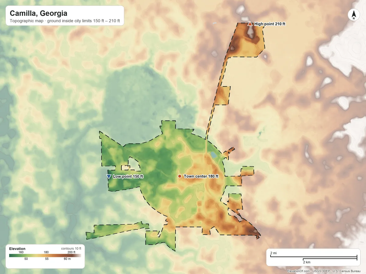 Topographic elevation map of Camilla, Georgia, shaded from 150 ft on the west side to 210 ft on the northeast side