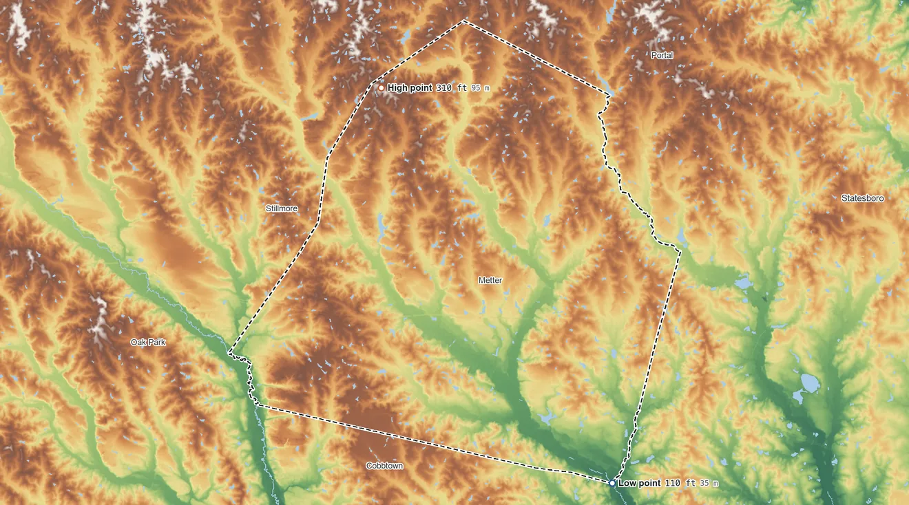 Topographic elevation map of Candler County, Georgia, shaded from 110 ft on the southeast side to 310 ft on the northwest side