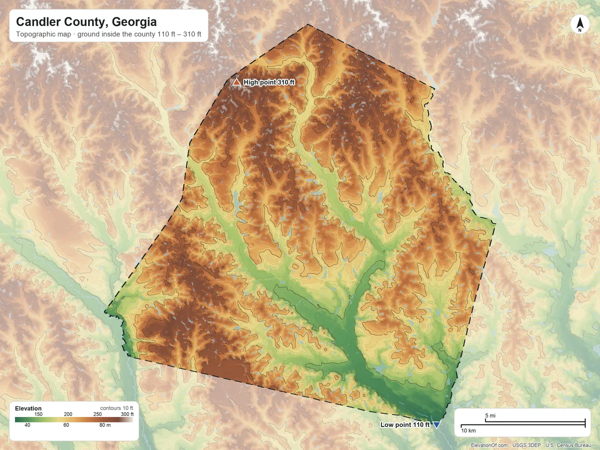 Topographic elevation map of Candler County, Georgia, shaded from 110 ft on the southeast side to 310 ft on the northwest side