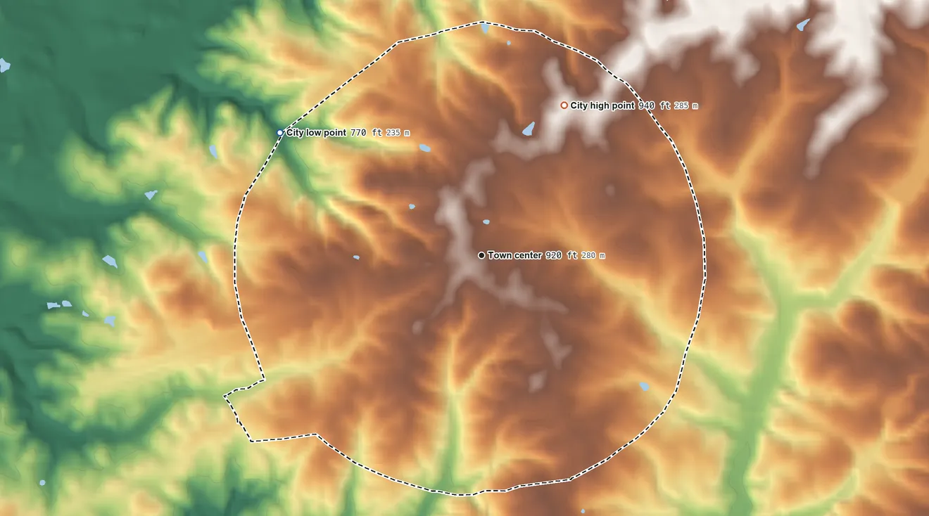 Topographic elevation map of Canon, Georgia, shaded from 770 ft on the northwest side to 940 ft on the northeast side