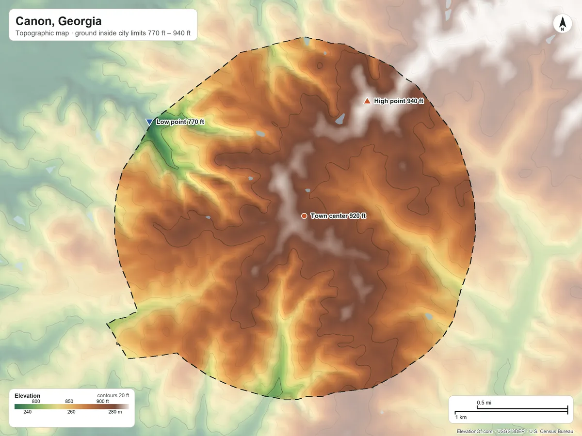 Topographic elevation map of Canon, Georgia, shaded from 770 ft on the northwest side to 940 ft on the northeast side
