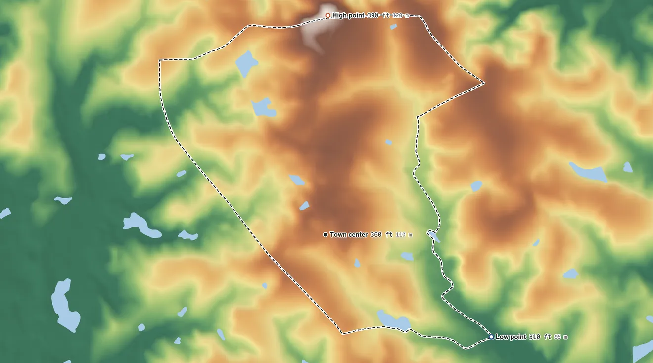 Topographic elevation map of Canoochee, Georgia, shaded from 310 ft on the southeast side to 390 ft on the north side