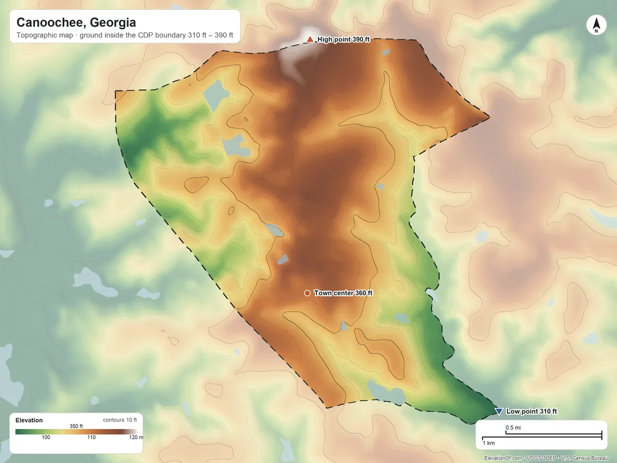 Topographic elevation map of Canoochee, Georgia, shaded from 310 ft on the southeast side to 390 ft on the north side