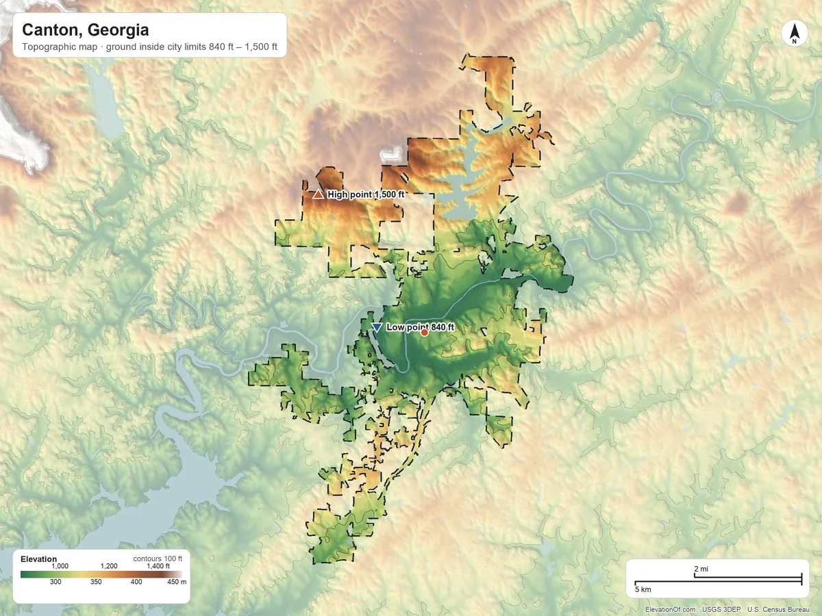 Topographic elevation map of Canton, Georgia, shaded from 840 ft near the middle to 1,500 ft on Polecat Mountain