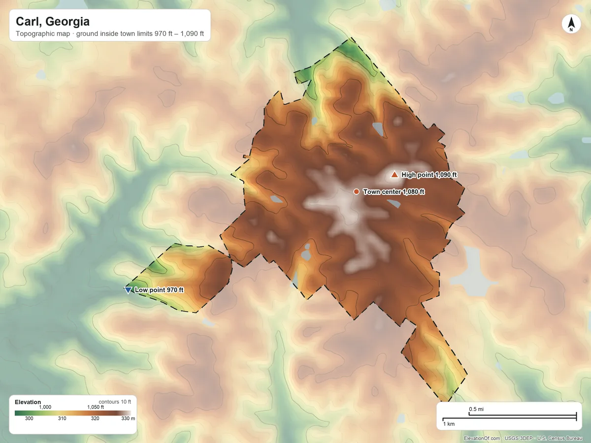 Topographic elevation map of Carl, Georgia, shaded from 970 ft on the southwest side to 1,090 ft near the middle