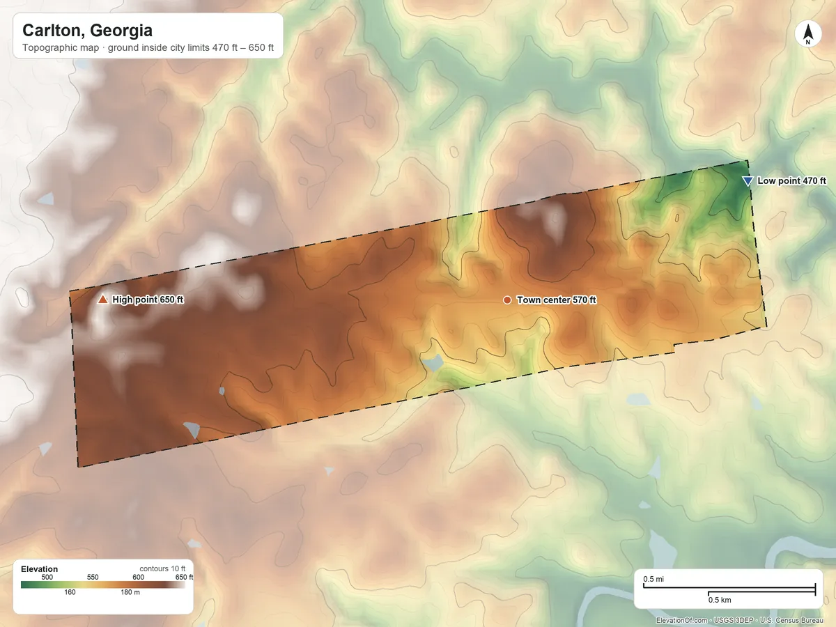 Topographic elevation map of Carlton, Georgia, shaded from 470 ft on the northeast side to 650 ft on the west side