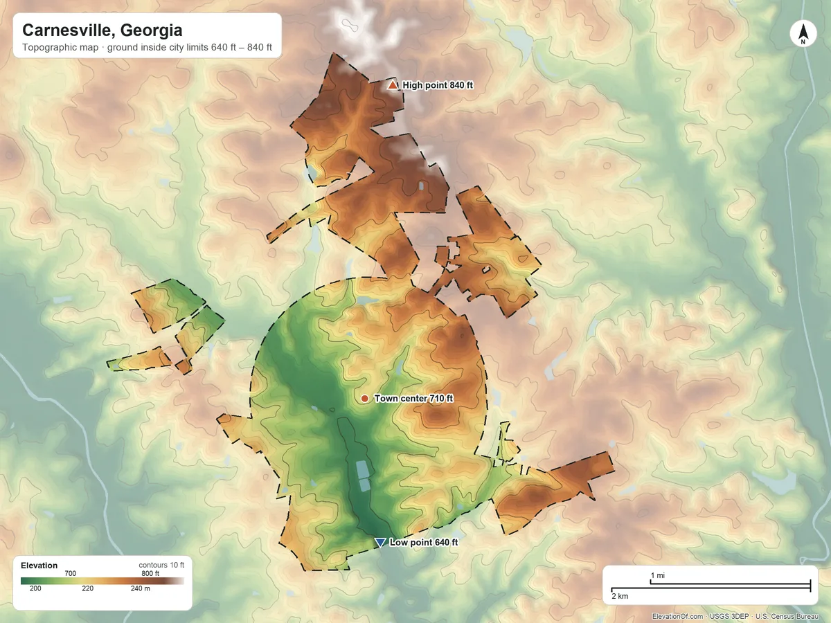 Topographic elevation map of Carnesville, Georgia, shaded from 640 ft on the south side to 840 ft on the north side