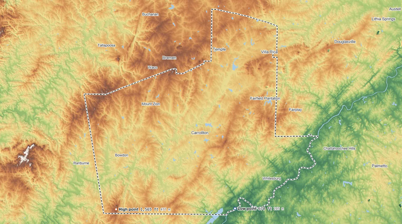 Topographic elevation map of Carroll County, Georgia, shaded from 670 ft on the south side to 1,565 ft on Blackjack Mountain