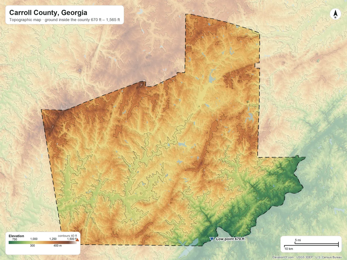 Topographic elevation map of Carroll County, Georgia, shaded from 670 ft on the south side to 1,565 ft on Blackjack Mountain