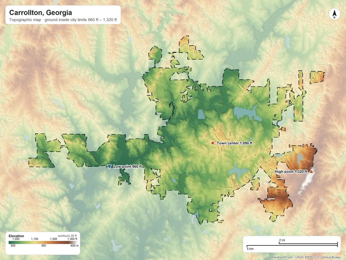 Topographic elevation map of Carrollton, Georgia, shaded from 960 ft on the west side to 1,320 ft on the east side