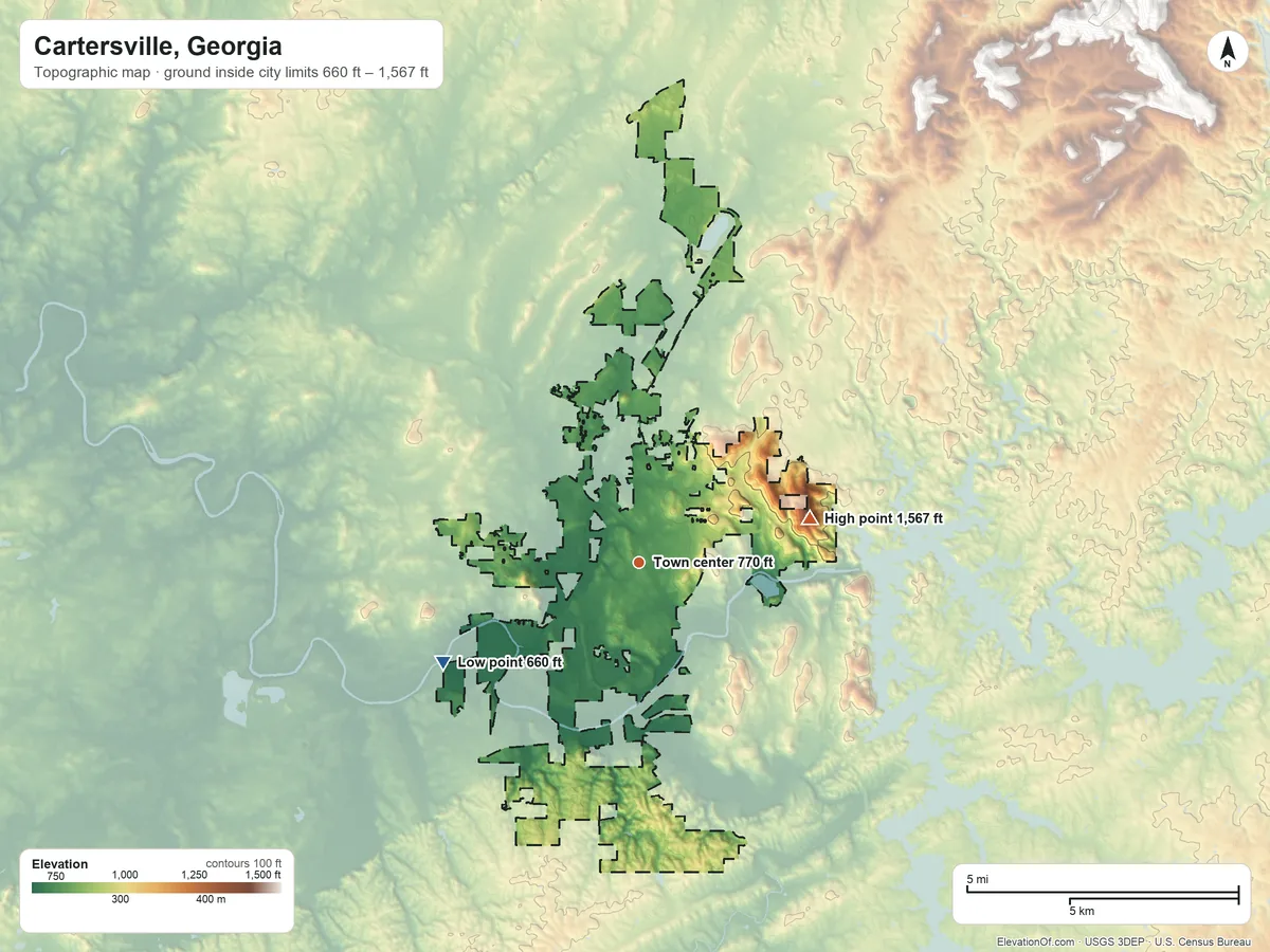 Topographic elevation map of Cartersville, Georgia, shaded from 660 ft on the southwest side to 1,567 ft on Pine Mountain