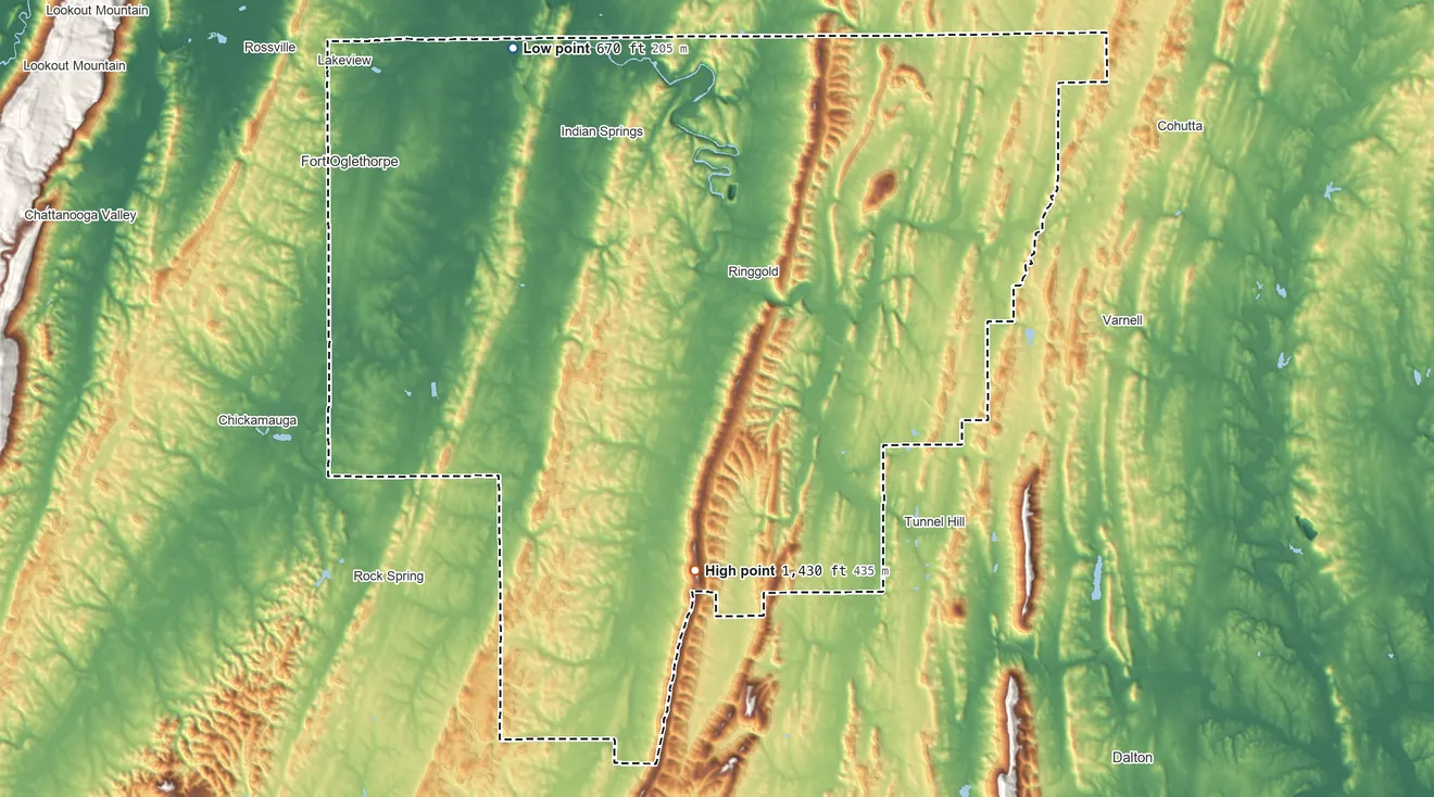 Topographic elevation map of Catoosa County, Georgia, shaded from 670 ft on the northwest side to 1,430 ft on the south side