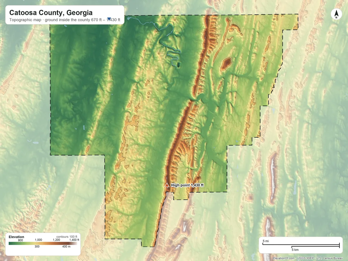 Topographic elevation map of Catoosa County, Georgia, shaded from 670 ft on the northwest side to 1,430 ft on the south side