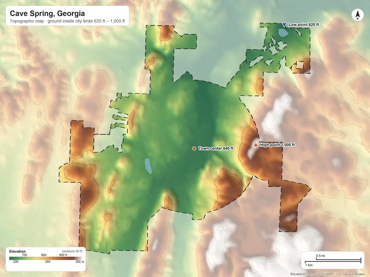Topographic elevation map of Cave Spring, Georgia, shaded from 620 ft on the northeast side to 1,000 ft on the east side
