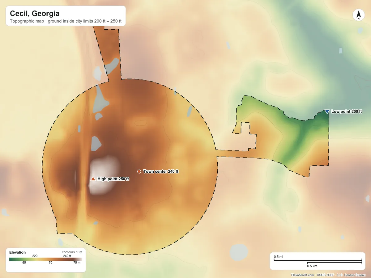 Topographic elevation map of Cecil, Georgia, shaded from 200 ft on the east side to 250 ft on the west side