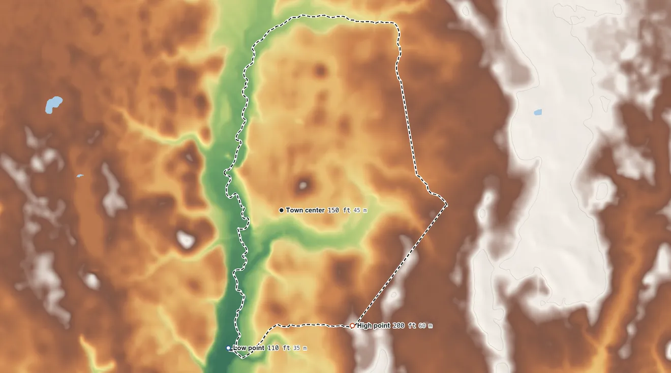 Topographic elevation map of Cedar Springs, Georgia, shaded from 110 ft on the south side to 200 ft on the southeast side