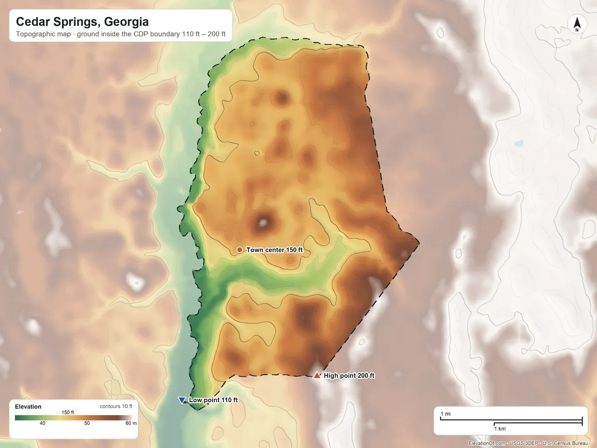 Topographic elevation map of Cedar Springs, Georgia, shaded from 110 ft on the south side to 200 ft on the southeast side
