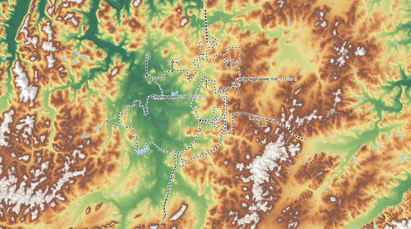 Topographic elevation map of Cedartown, Georgia, shaded from 750 ft on the northwest side to 990 ft on the northeast side