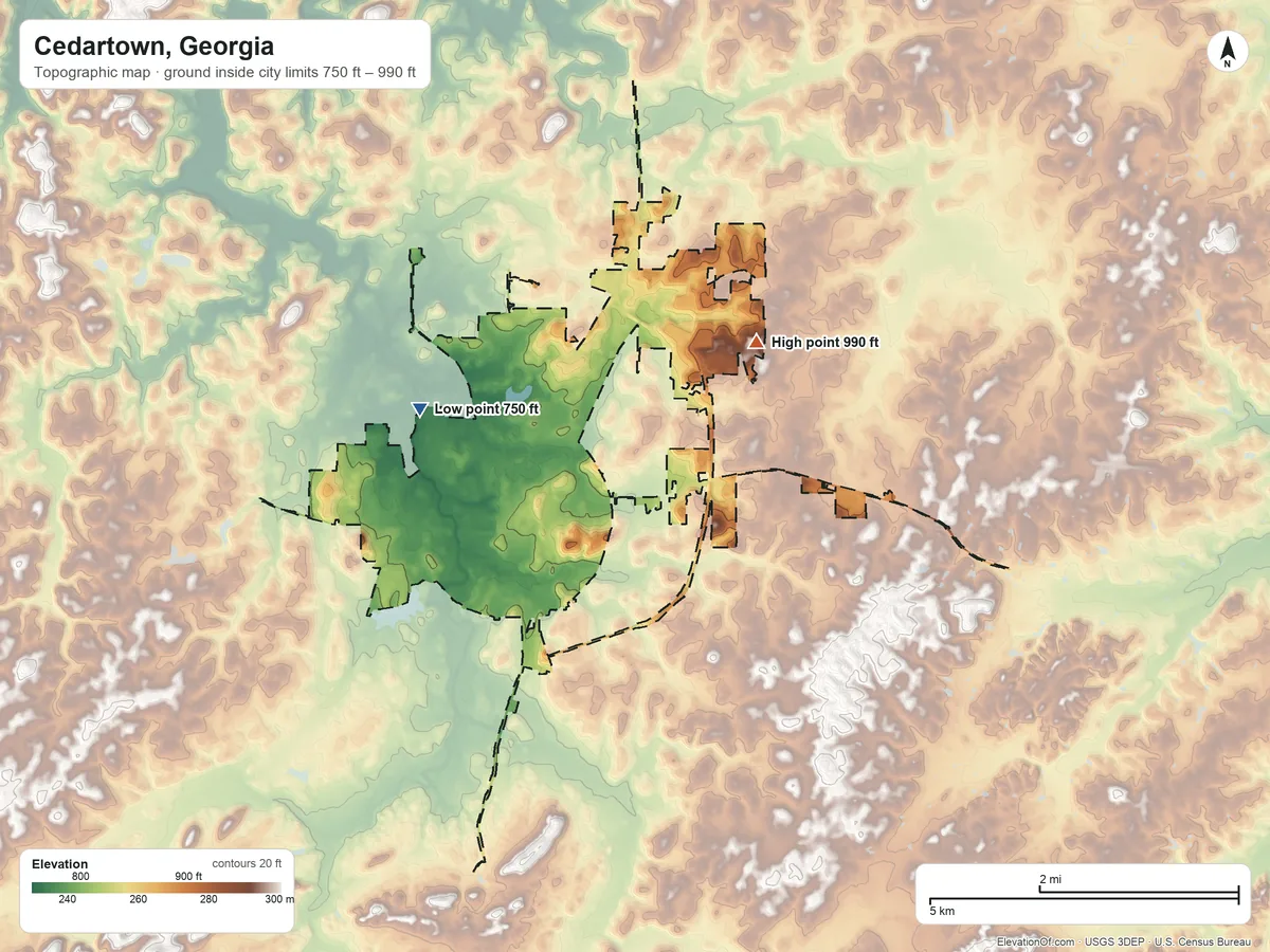 Topographic elevation map of Cedartown, Georgia, shaded from 750 ft on the northwest side to 990 ft on the northeast side
