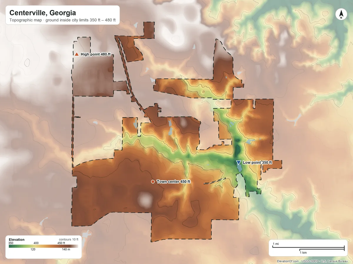 Topographic elevation map of Centerville, Georgia, shaded from 350 ft on the east side to 480 ft on the northwest side