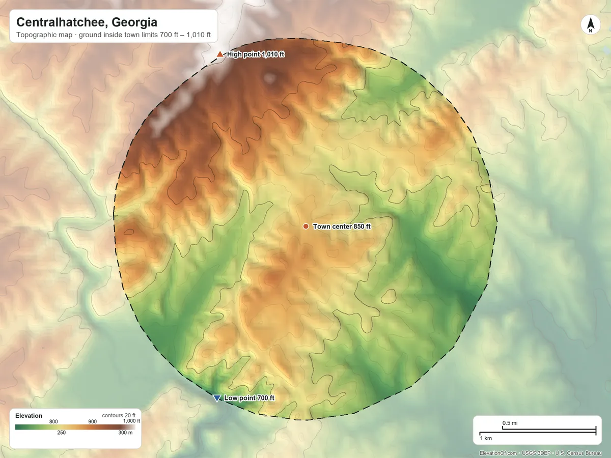 Topographic elevation map of Centralhatchee, Georgia, shaded from 700 ft on the southwest side to 1,010 ft on the northwest side