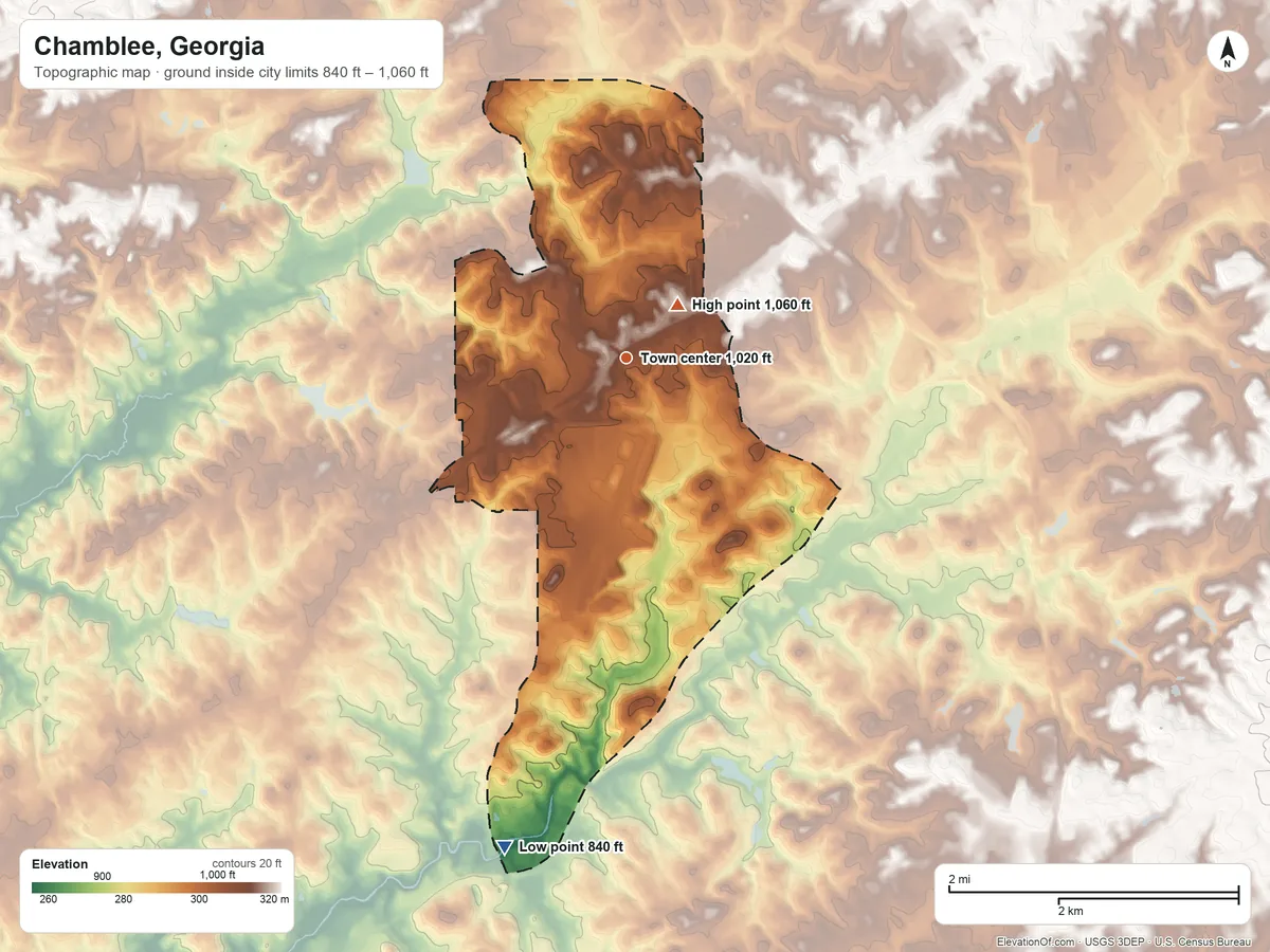 Topographic elevation map of Chamblee, Georgia, shaded from 840 ft on the south side to 1,060 ft near the middle