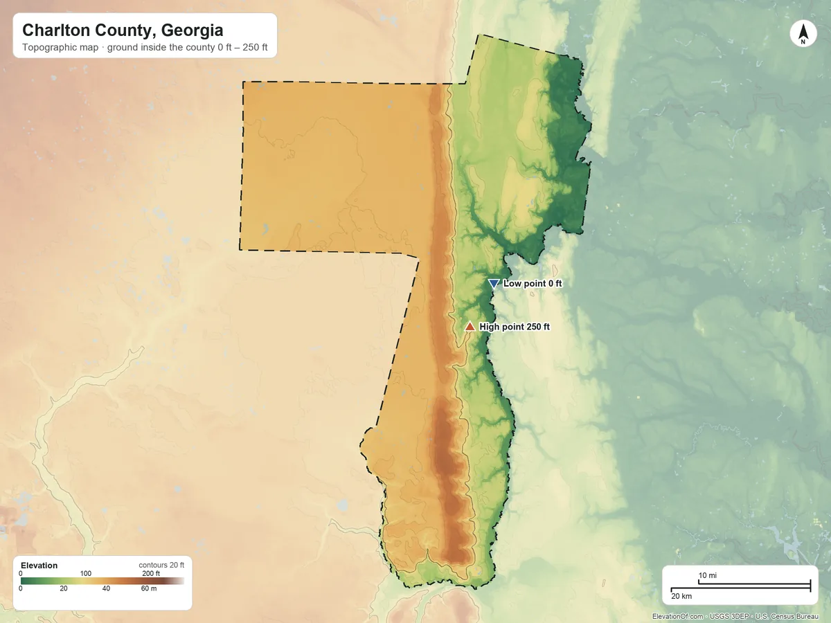 Topographic elevation map of Charlton County, Georgia, shaded from 0 ft on the east side to 250 ft near the middle
