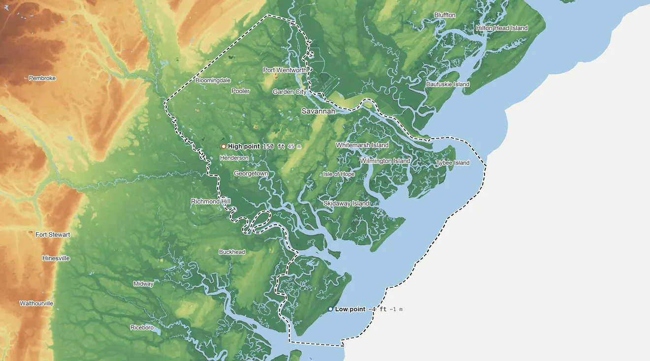Topographic elevation map of Chatham County, Georgia, shaded from 4 ft below sea level on the south side to 150 ft on the west side