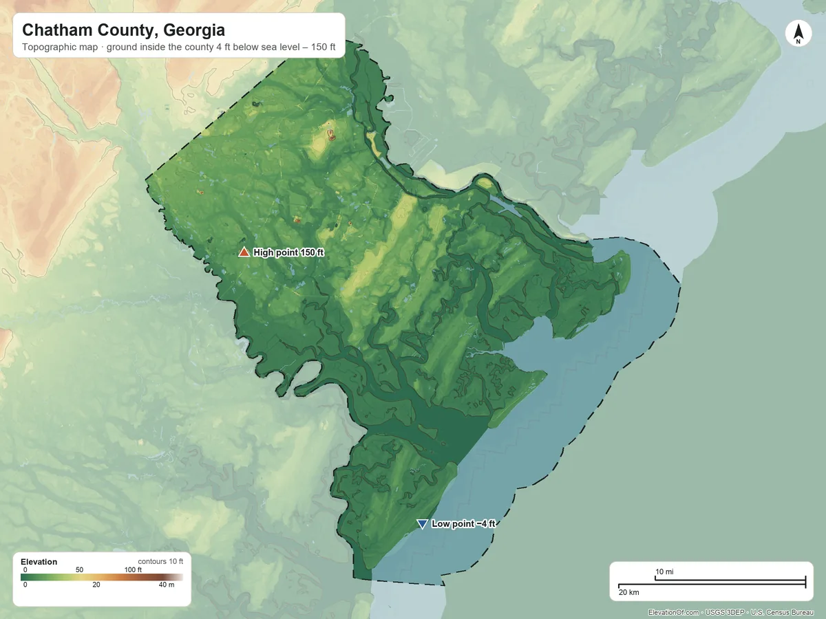 Topographic elevation map of Chatham County, Georgia, shaded from 4 ft below sea level on the south side to 150 ft on the west side