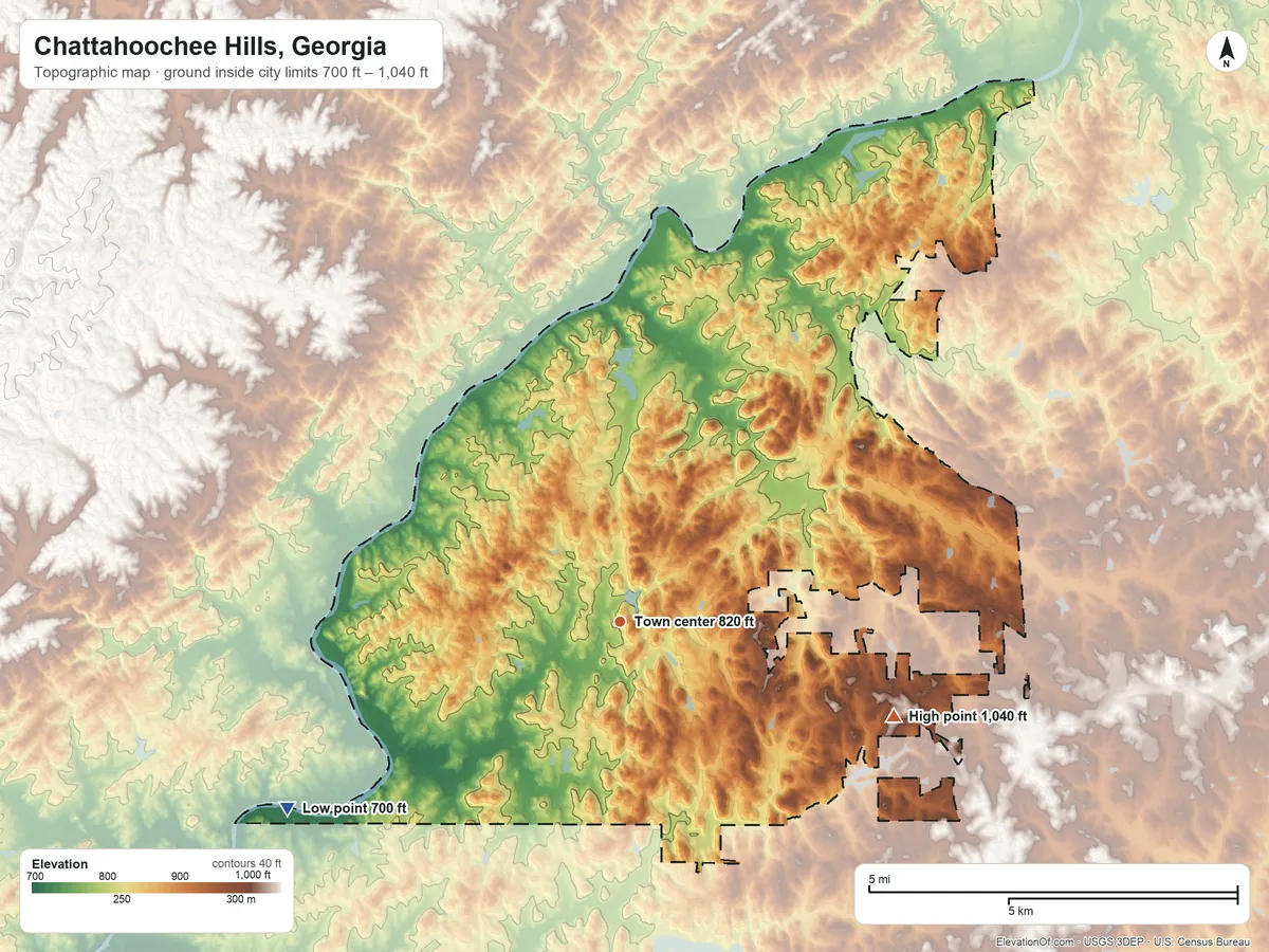 Topographic elevation map of Chattahoochee Hills, Georgia, shaded from 700 ft on the southwest side to 1,040 ft on the east side