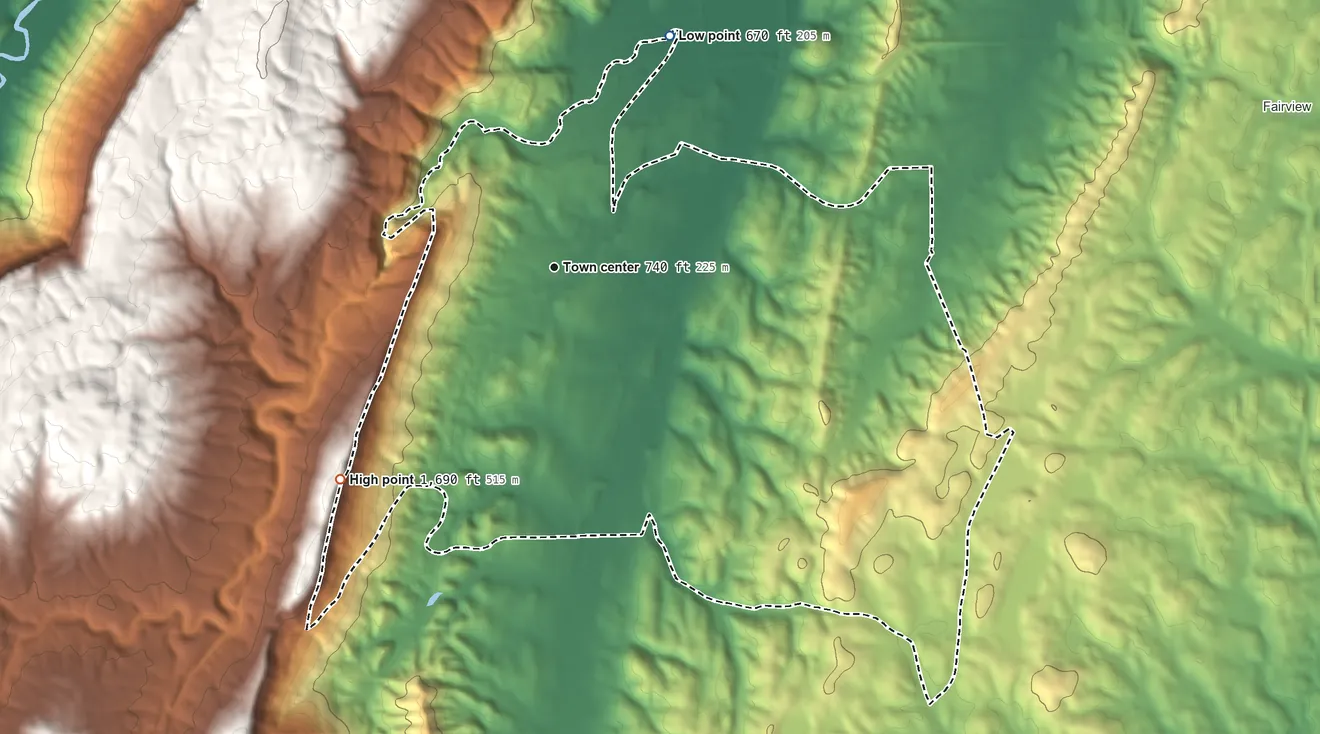 Topographic elevation map of Chattanooga Valley, Georgia, shaded from 670 ft on the northeast side to 1,690 ft on the southwest side